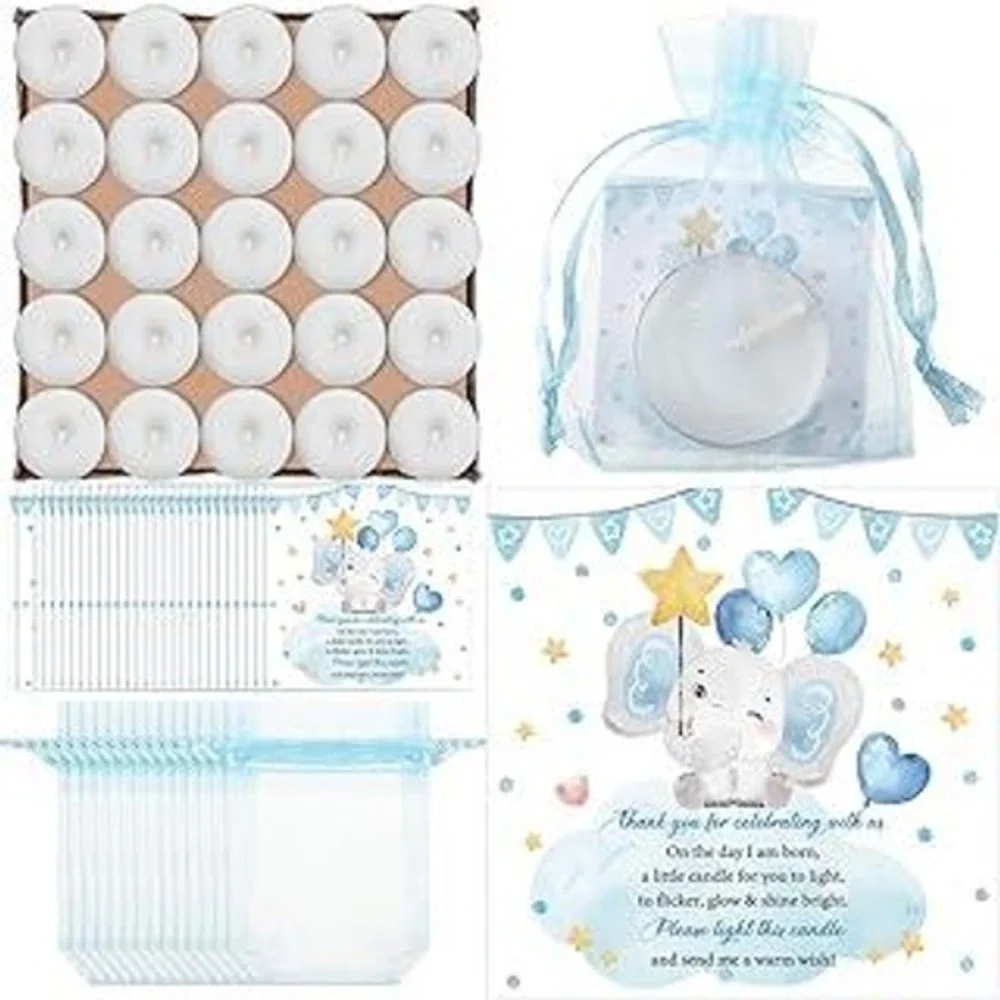 Tlu 100 Count White‎ Tea Light Candles with Blue Elephant Baby Shower Favor Tags